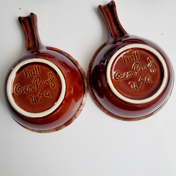 HULL POTTERY USA Oven Proof Brown Drip Glaze Rim Mini Lidded Casserole Set of 2 - Picture 5 of 6